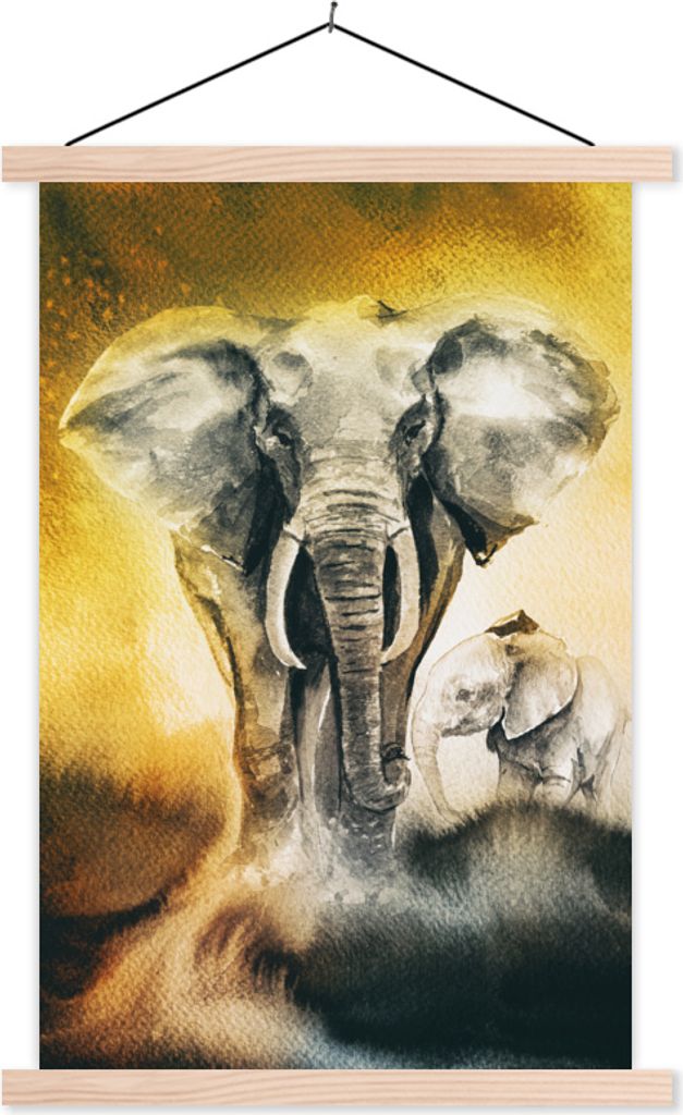 MuchoWow Textilposter Elefant - Aquarellfarbe - Gelb 40x60 cm mit holzfarbenen Rahmen - Poster