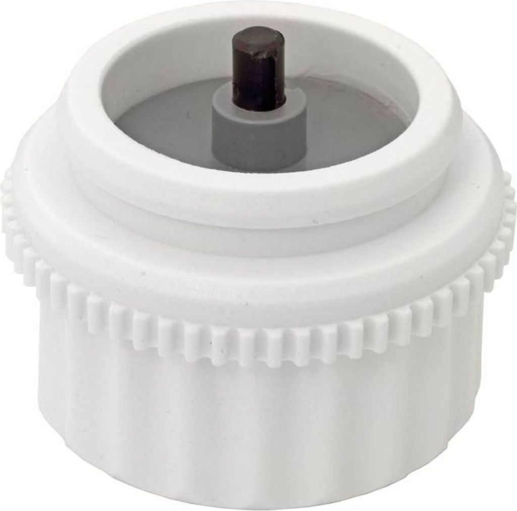 A close-up studio shot of a white plastic vent adapter with a black central pin.