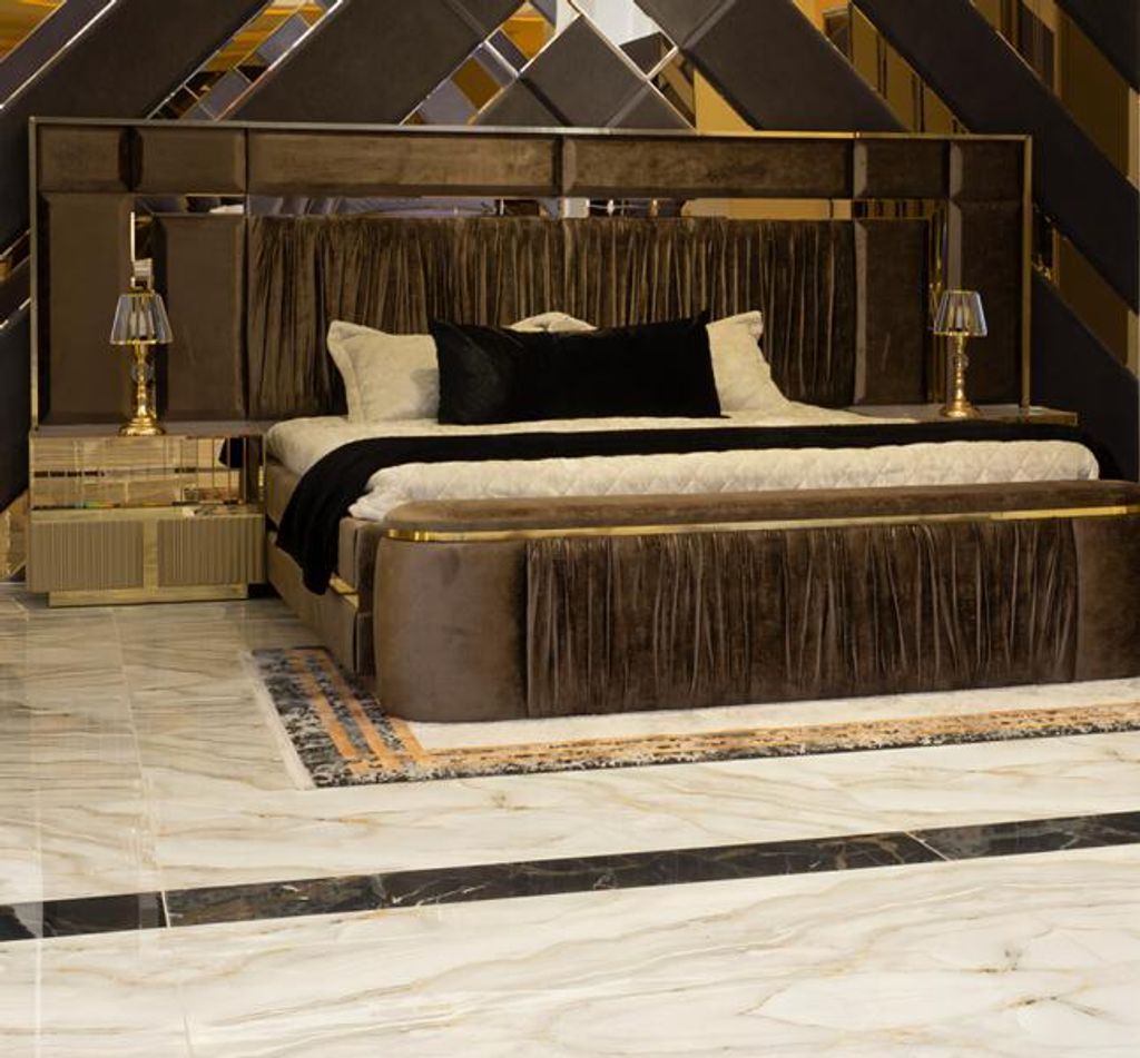 Bett 2x Nachttische Verspiegelt Gold EdelstahlSchlafzimmer Komplett