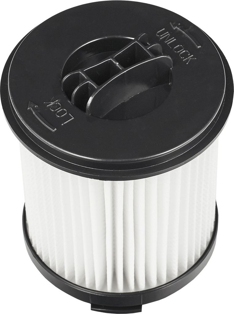 A close-up, top-down view of a vacuum cleaner filter with a black top and white pleated filter material.