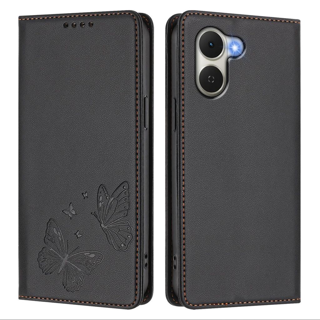 Lederhülle für Tecno Spark Go 3, Schmetterling Prägung Leder Brieftasche Schutzhülle mit Ständer Schwarz