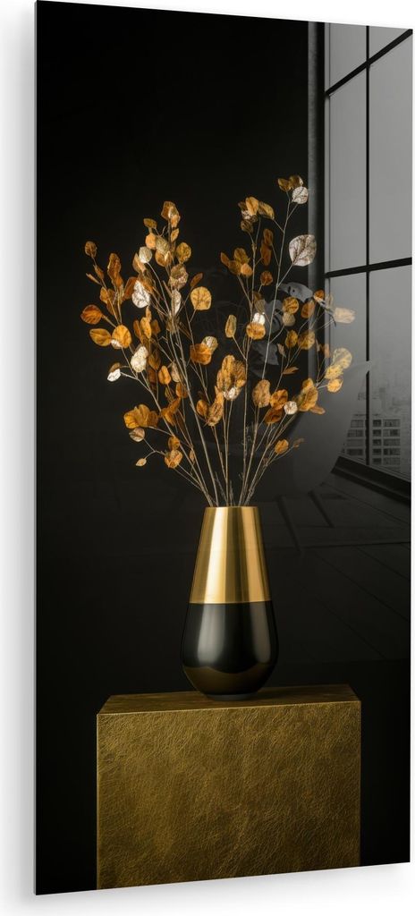 MuchoWow Glasbilder - Bilder auf Wandbild - Foto auf Glas Goldbraun - Blätter - Vase - Herbstlich 60x120 cm Wanddekoration aus Glas - Acrylglasbil...