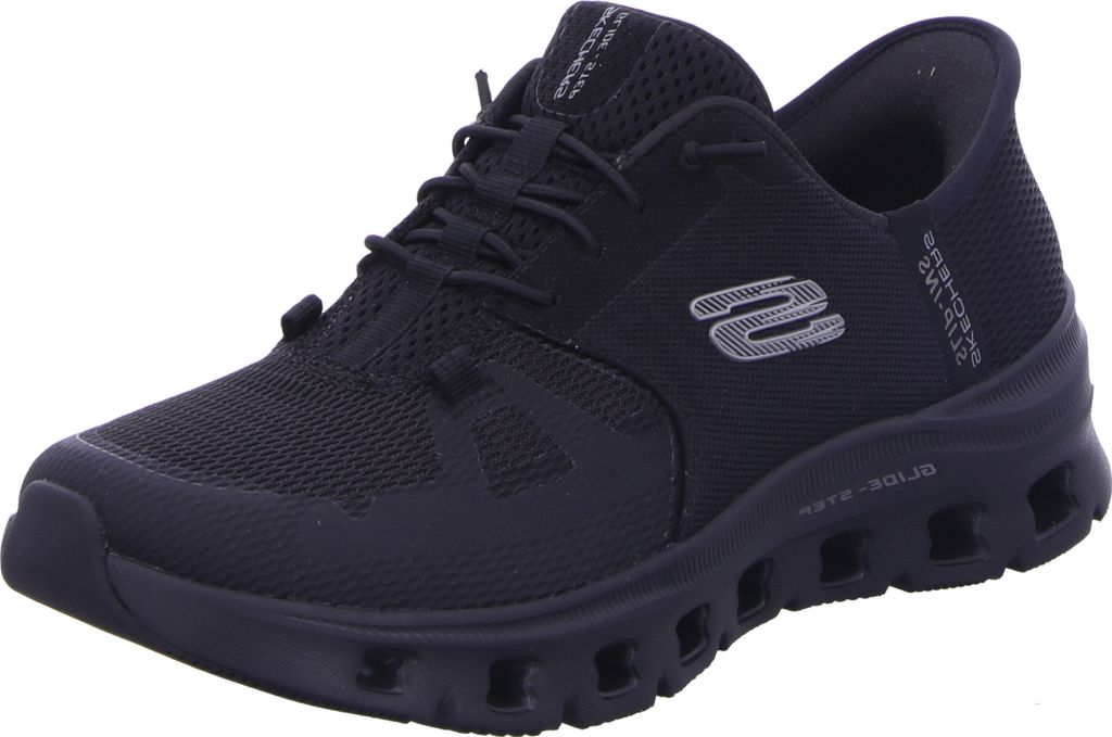 A single black Skechers shoe is shown against a white background.