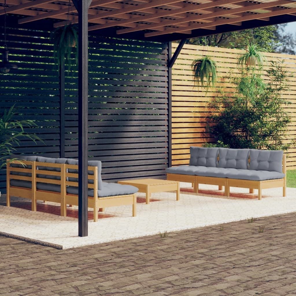 Design Möbel 7-tlg. Garten-Lounge-Set mit Grauen Kissen Kiefernholz - 2024 Neu