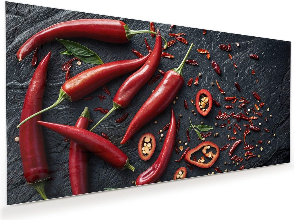 Glasbild 80x40cm in XXL für Wohnzimmer, Schlafzimmer Motiv Rote Chili Schoten