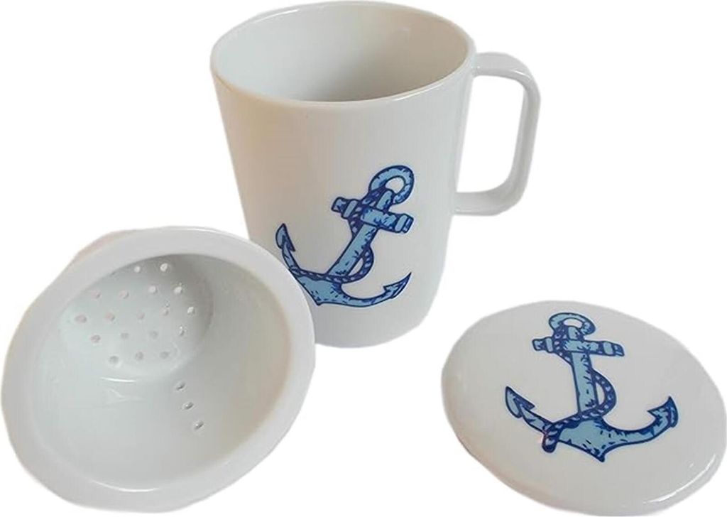 Maritimes Teetassen-Set mit Anker Motiv - Tasse aus Keramik mit Teesieb und Deckel - Blau 250 ml