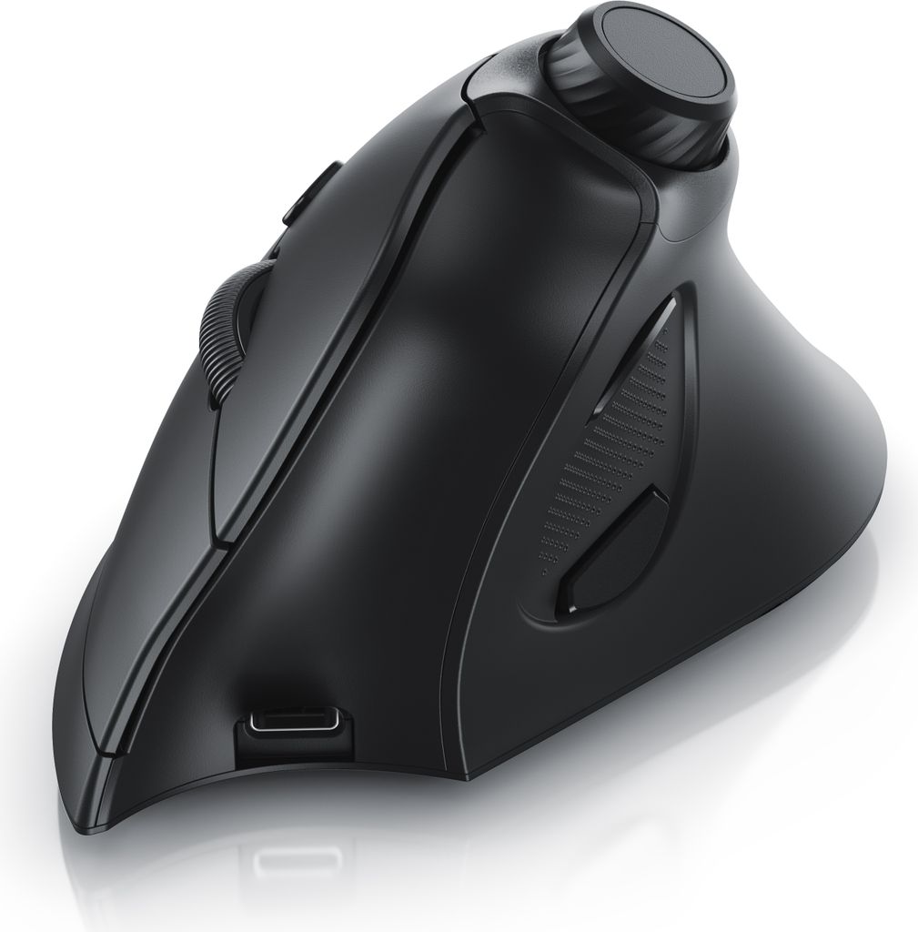 A black ergonomic vertical mouse is shown on a white background.