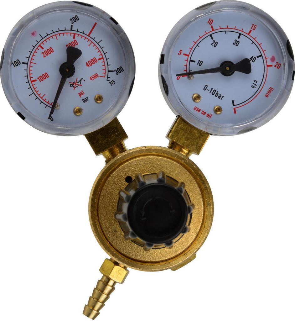 A close-up studio shot of a dual-gauge pressure regulator.