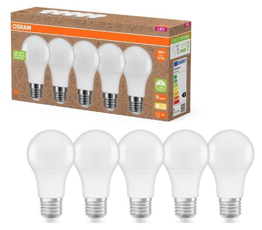 5 x Osram LED A60 Birne 8,5W = 60W E27 matt 806lm warmweiß 2700K recycelter Kunststoff