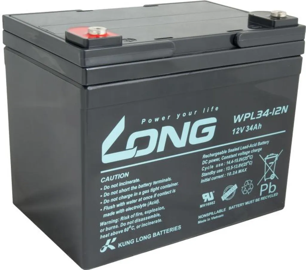 Batterie 12V 34Ah LONG LongLife durée 12 ans avec bornes M5 fileté