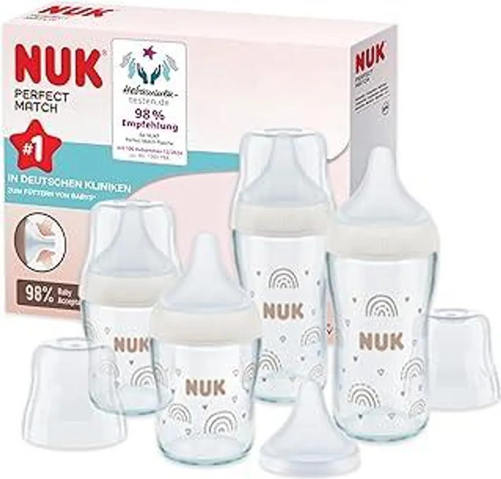 Set di biberon in vetro NUK Perfect Match | Dai 6 mesi | Si adatta al bambino | Controllo della temperatura | 4 biberon anticolica e tettarella in silicone aggiuntiva | 120 ml e 230 ml | Senza BPA | Arcobaleno | 5 pezzi