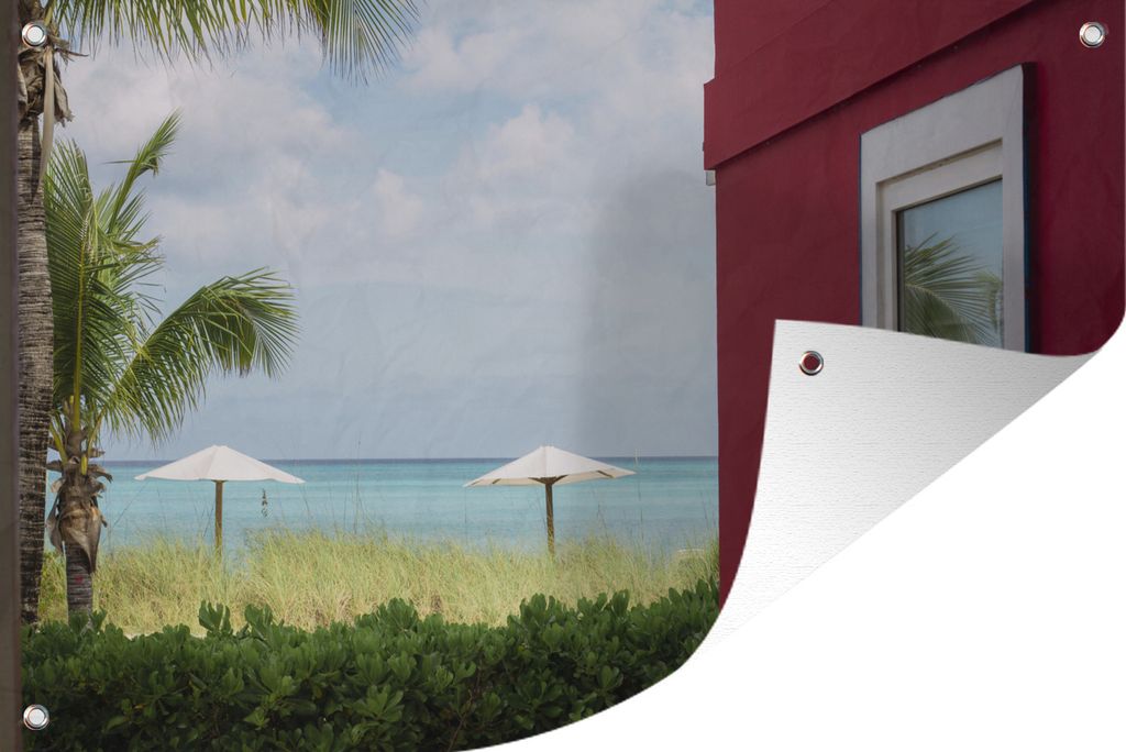 MuchoWow 60x40 cm Outdoor-Poster Gartendeko Sichtschutz Garten Poster für den Garten Ein rotes Haus vor dem karibischen Meer am Strand des Conc...