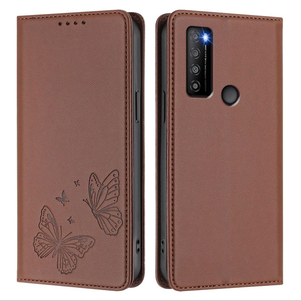 Lederhülle für TCL 30 XL, Schmetterling Prägung Leder Brieftasche Schutzhülle mit Ständer Braun