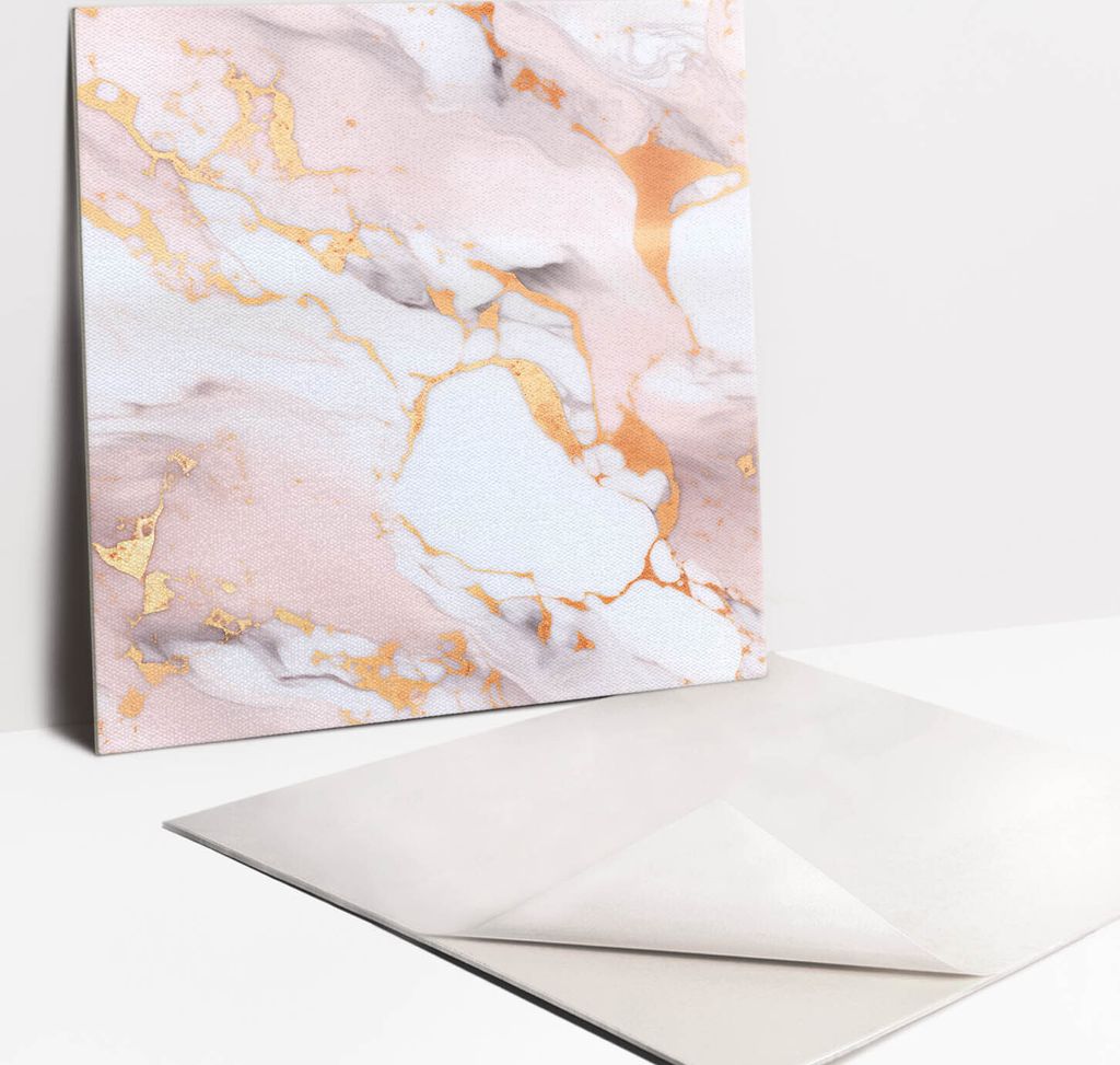 Fliesenaufkleber Set - 9 Stück Selbstklebende PVC Fliesen-Designs - Für Bad und Küche 30 x 30 - Pastellmarmor und Gold