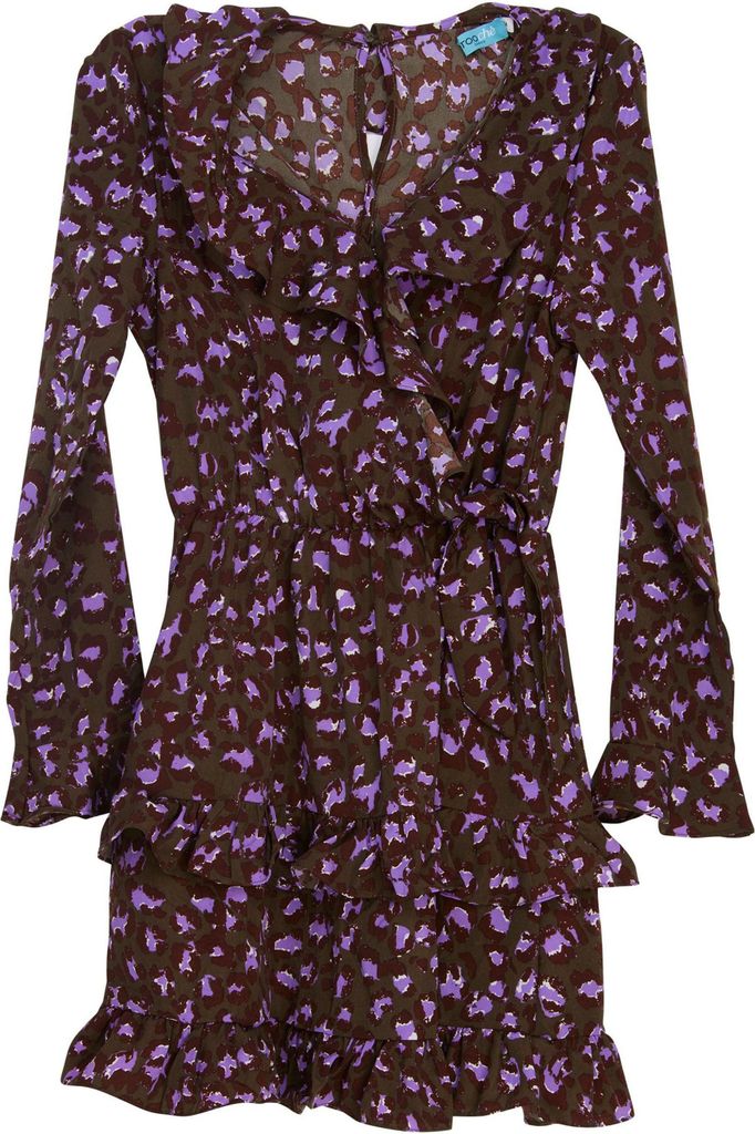Braunes Kleid Leo Colore mit floralem Muster, Wickel-Design und Taillengürtel