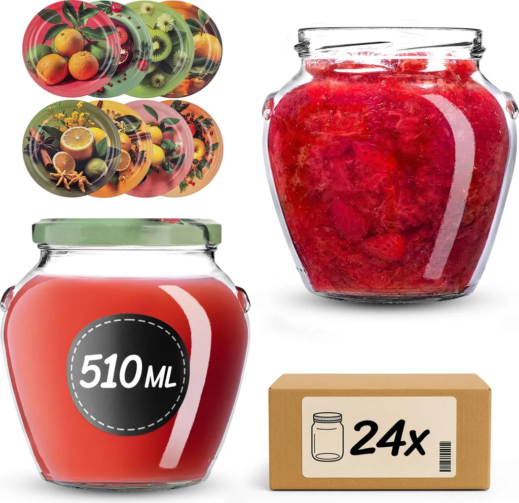 Barattoli KADAX da 510 ml con coperchio a vite fi82mm, barattoli a vite con coperchio, barattoli per miele, barattoli per la conservazione di miele, frutta e verdura, barattoli per marmellata (frutta esotica, 24 pezzi)
