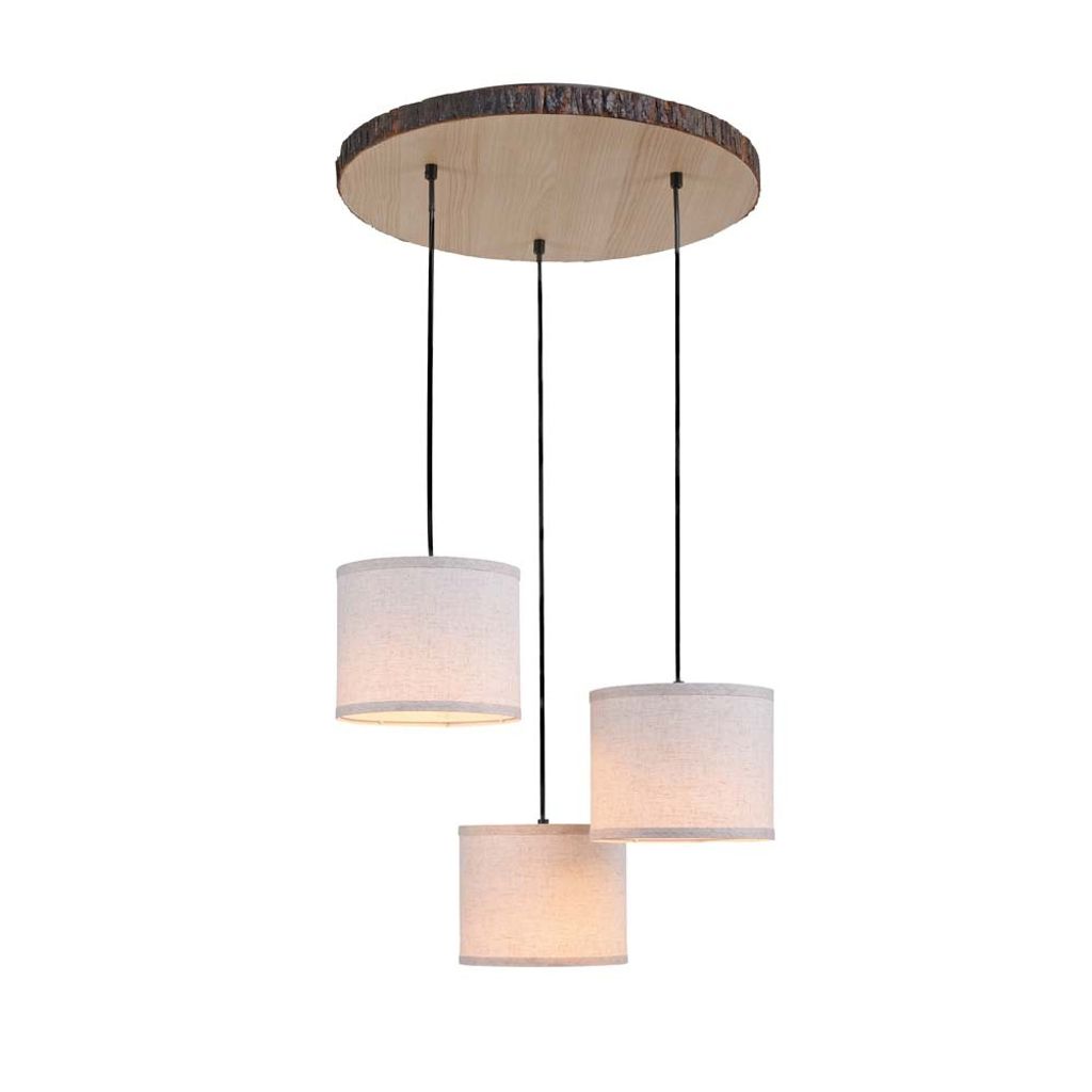 Hängeleuchte, 3 Flammig, Holzdekor, Textil, D 52 cm
