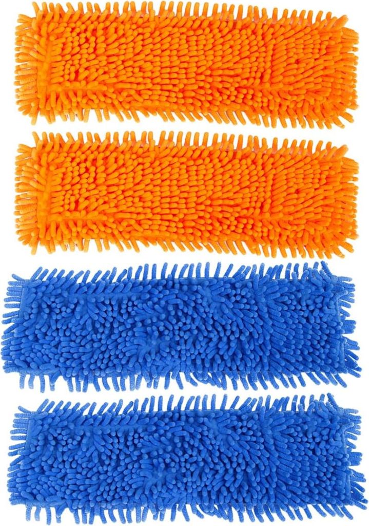 Four mop heads, two orange and two blue, laid out horizontally against a white background.