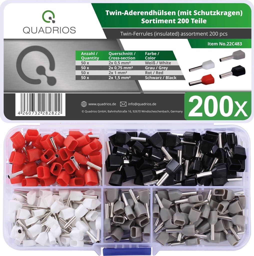 Quadrios 22C483 Aderendhülsen-Sortiment Teilisoliert 200 St