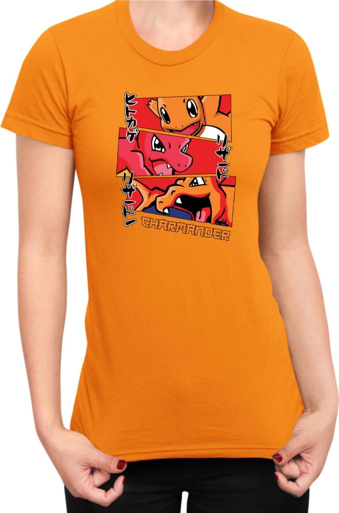 Damen T-Shirt Japan Manga Anime Comics Animation Pokeball Charmander Evolutions, Lady M / Orange