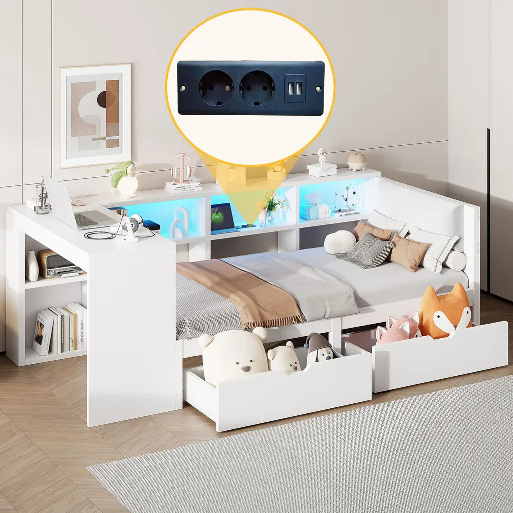 Lit de rangement 90x200cm blanc avec prise USB pour adolescent