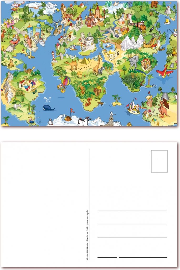 12 Stück Postkarten Wimmelbild schöne Weltkarte für Kinder, Ansichtskarte im DIN A6 Format ( PKT-145 )
