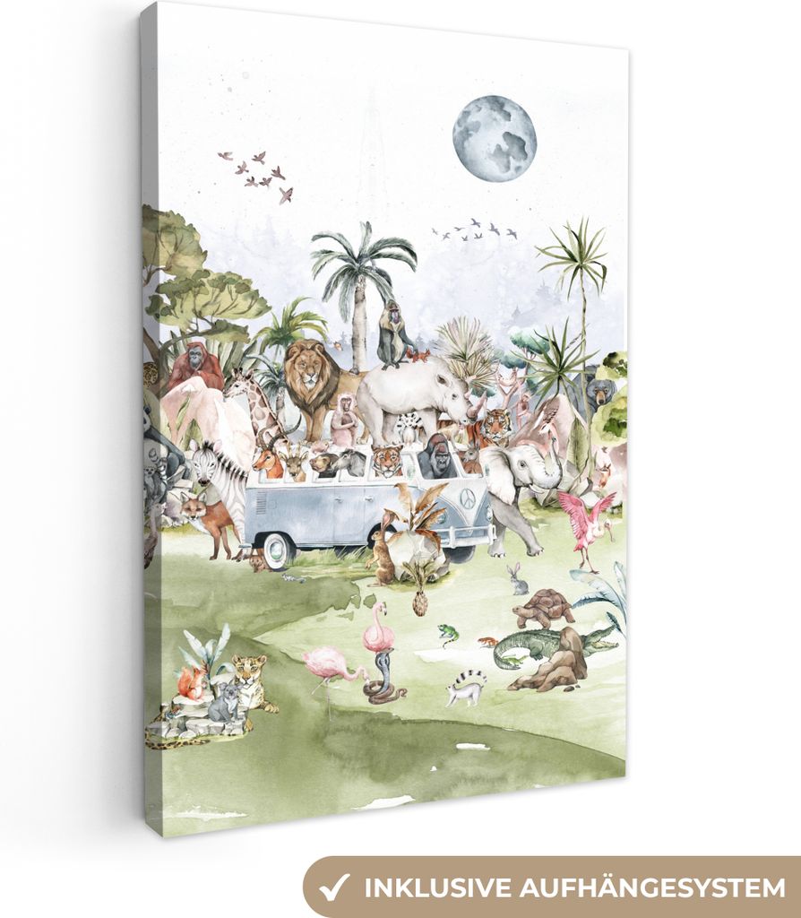 MuchoWow - Leinwandbilder - Dschungel - Bus - Tiere - Kinder - Pflanzen, Wandbild, Wanddeko Bilder Wohnzimmer, 20x30 cm