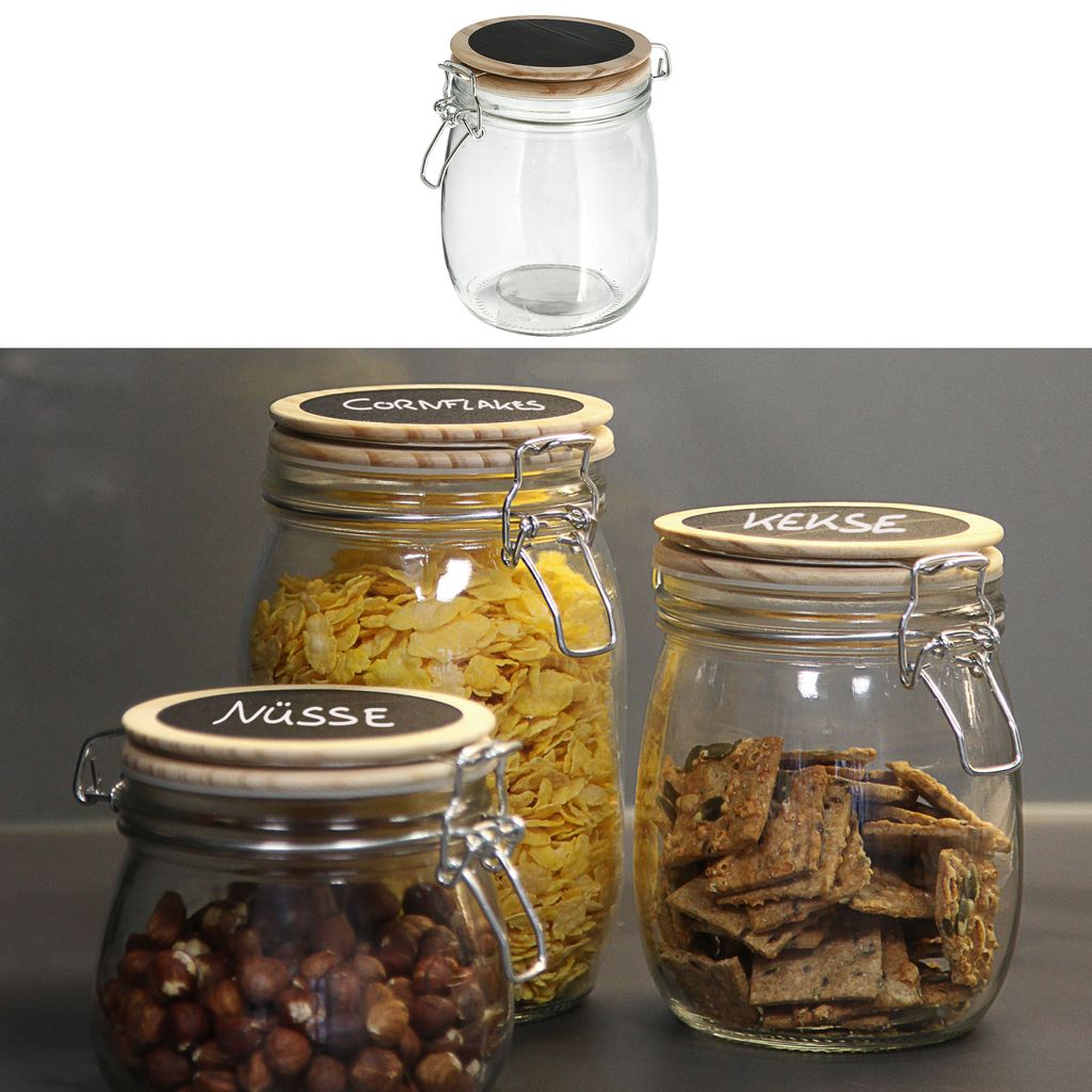 Vorratsglas mit Bügelverschluss 800ml 10x14cm Glas Kiefer Metall Einmachglas Aufbewahrungsglas Deckel zum Beschriften