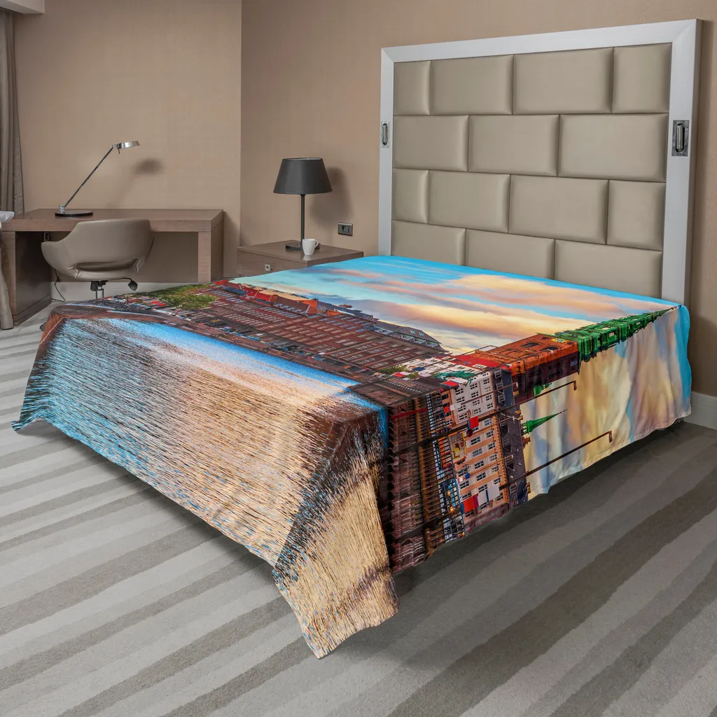 Drap de lit décoratif motif Ville d'Europe 244x205cm en tissu soyeux