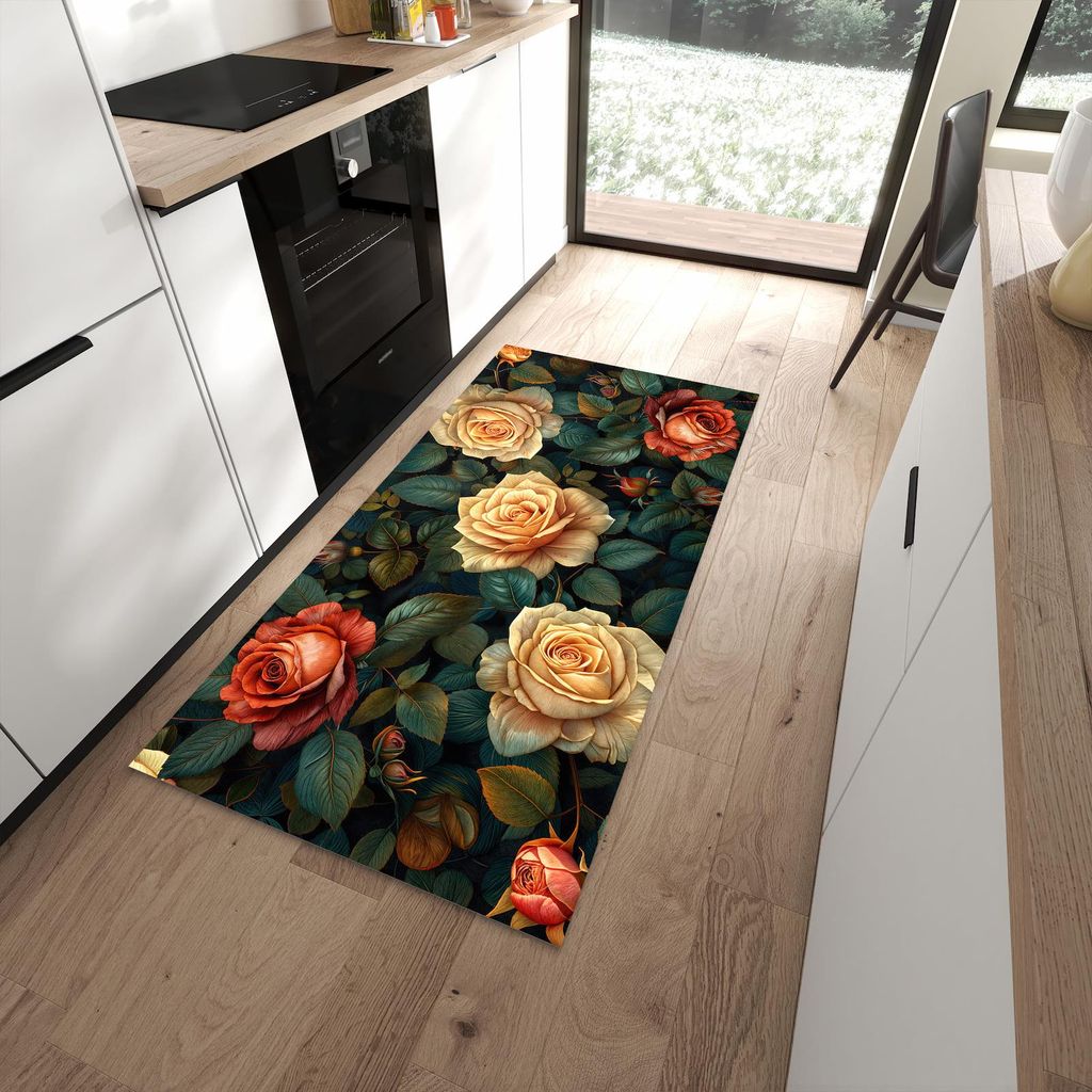 Küchenteppich 90x180cm rutschfest & abwischbar PVC Läufer - Rosenmuster Blumen