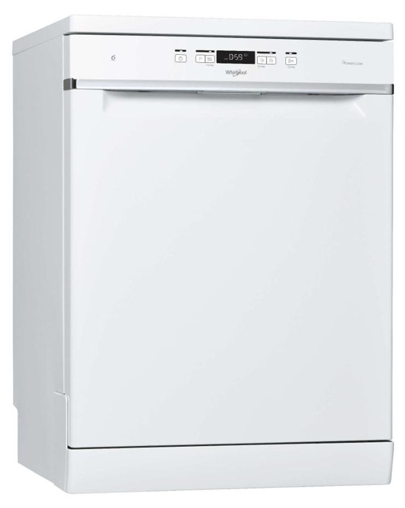 A white dishwasher is shown from a three-quarter angle against a white background.