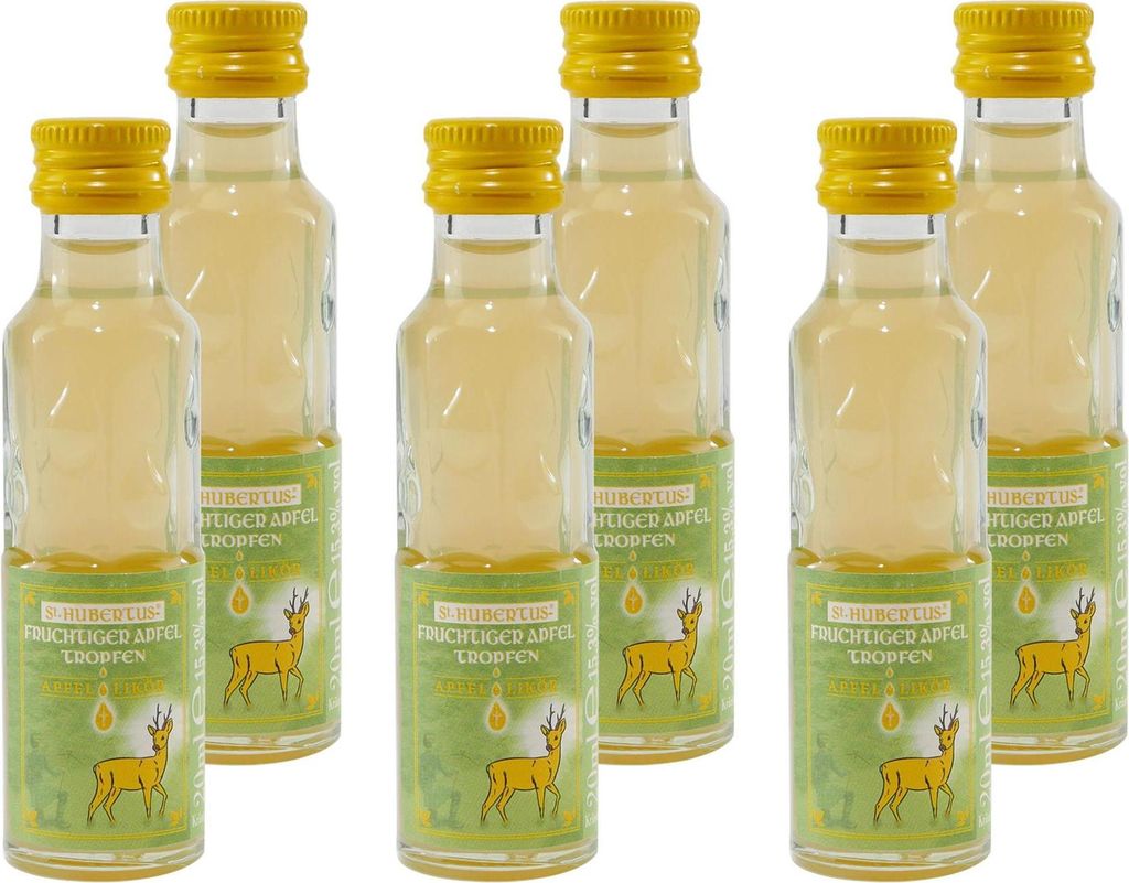 A group of small glass bottles with yellow caps and green labels, each featuring a deer illustration.