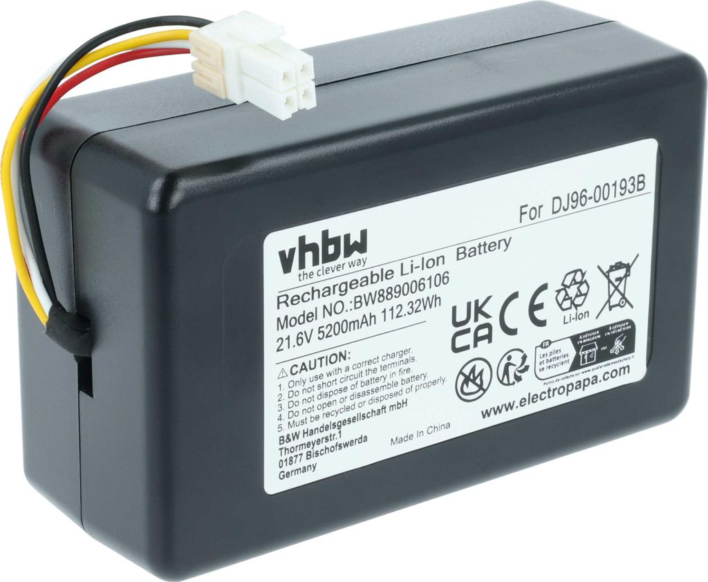 vhbw Akku kompatibel mit Samsung Powerbot VR7000, VR2AM7090WD/AA Saugroboter (5,2 Ah, 21,6 V, Li-Ion)
