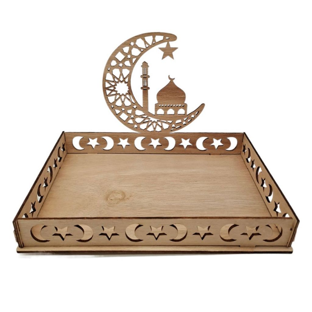 Eid Mubarak Tablett, Eid Mubarak Tischdekoration Teller Holz, Ramazan Dekoration Dessert Gebäck Tablett für Islam Party Süßigkeiten Kuchen Kekse