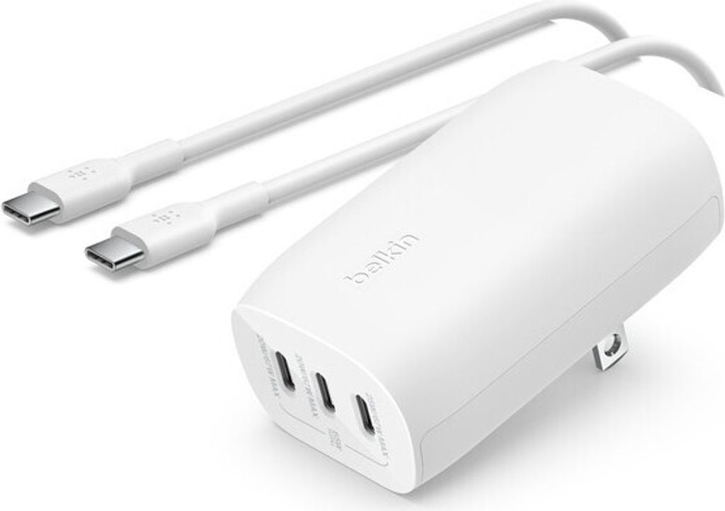 A white Belkin BoostCharge power adapter with two white USB-C cables attached.