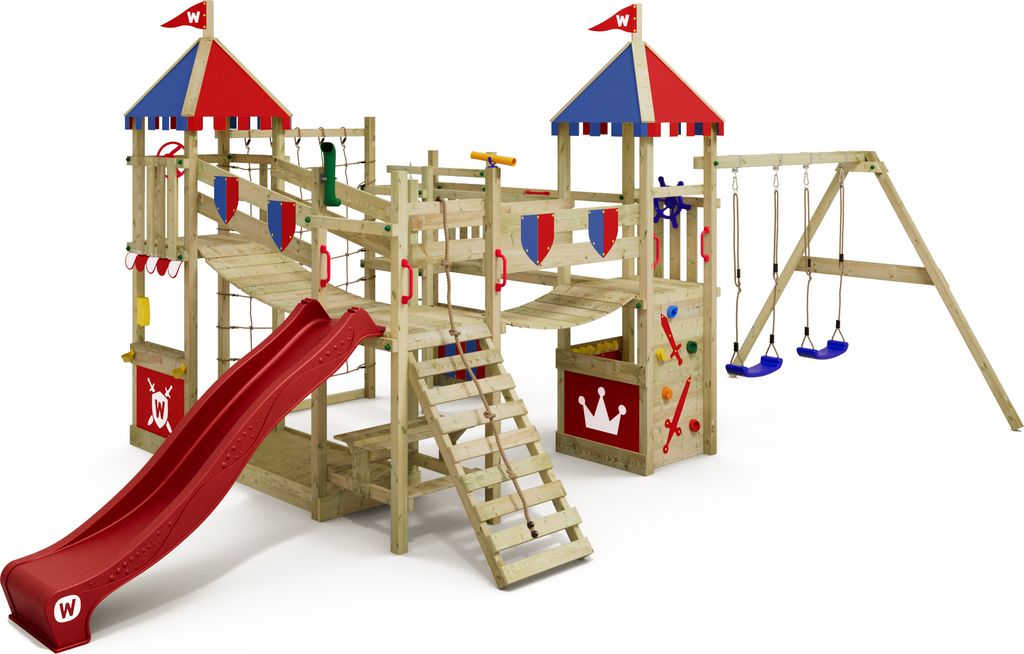 WICKEY Spielturm Ritterburg Smart Queen mit Schaukel & Rutsche, Spielhaus mit Sandkasten, Kletterleiter & Spiel-Zubehör - rot