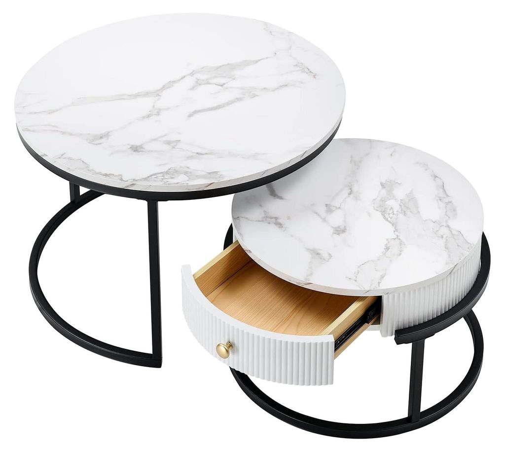 2er-Set Runder Couchtisch mit Schublade, Schwarz mit Marmoroptik aus MDF für das Wohnzimmer - Beistelltisch Schwarz, Rundwohnzimmertisch, Maße Ø...