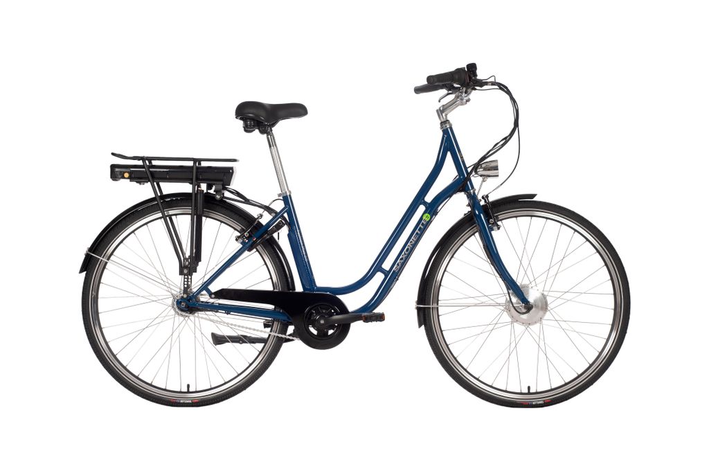 A blue electric bicycle is shown against a white background.