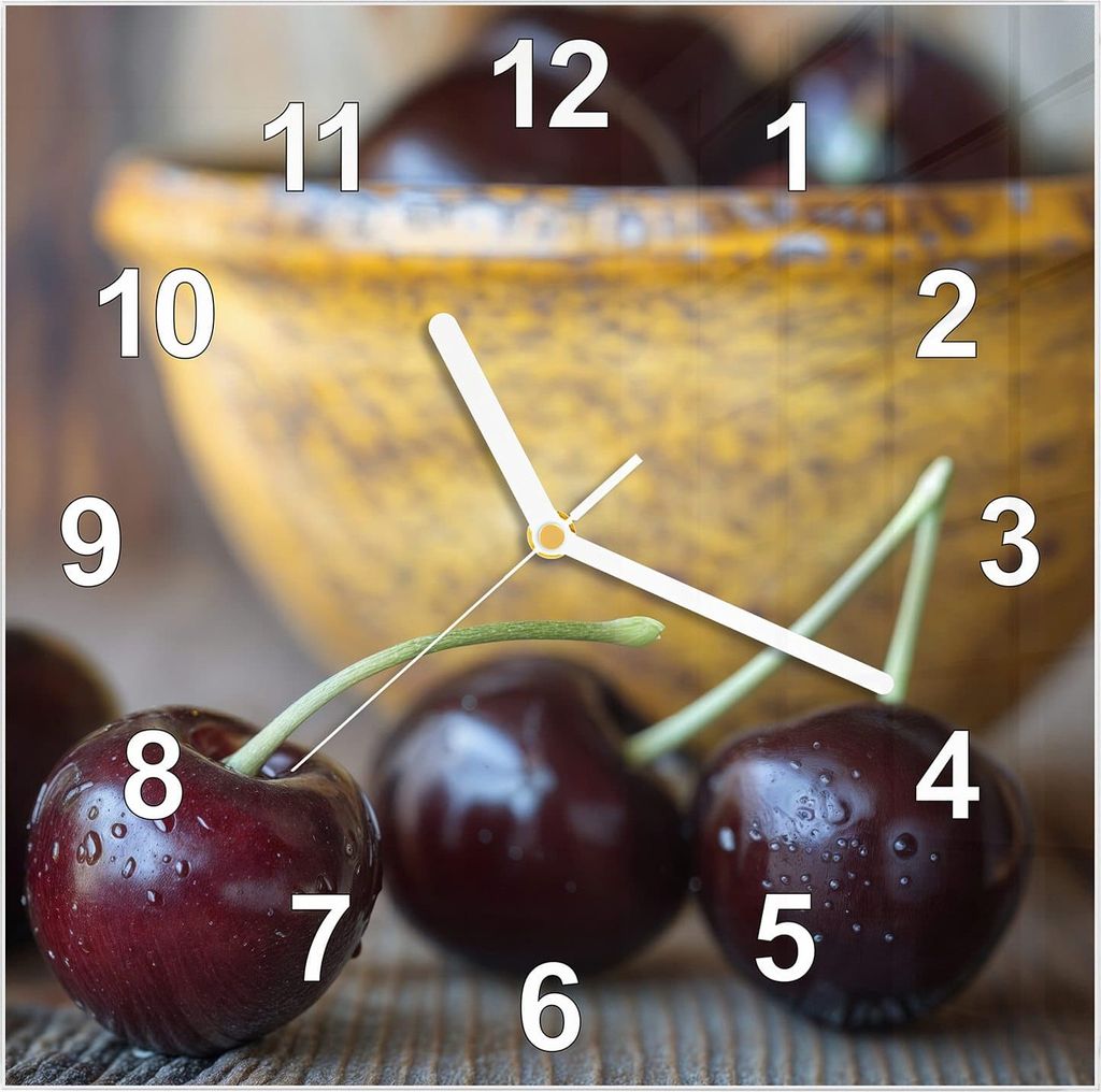Wanduhr aus Glas mit Motiv Frische Kirschen- 30 x 30 cm - inkl. Aufhängesystem