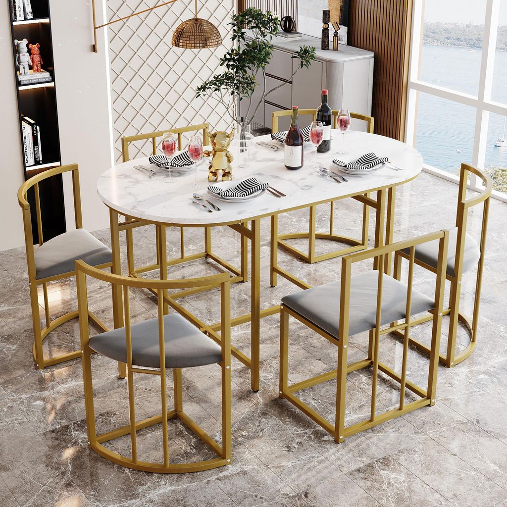 A dining table set with chairs in a modern dining room setting.