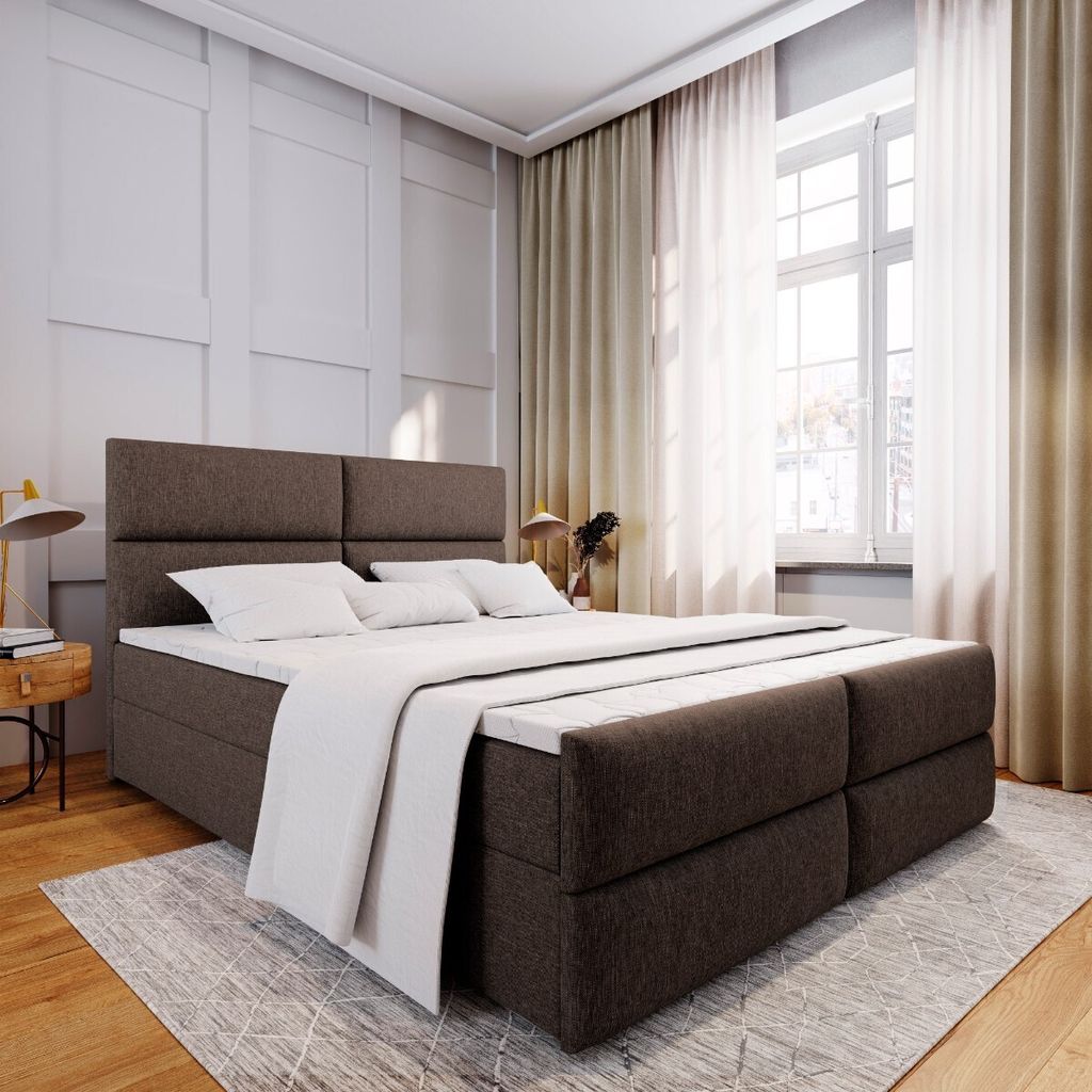 Masseno Boxspringbett MULEN 180X200 cm mit Fußteil,Bonell-Matratze und Topper, Stilvoll Polsterbett mit zwei Bettkästen - Braun, SAWANA 16