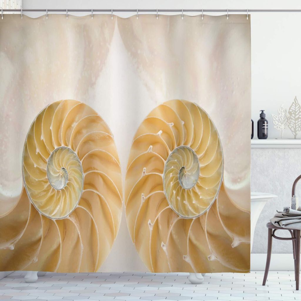 Geometrischer Duschvorhang mit symmetrischem Muschelmuster, Stoff-Badezimmerdekorationsset mit Haken, 175 x 200 cm, cremeweiß