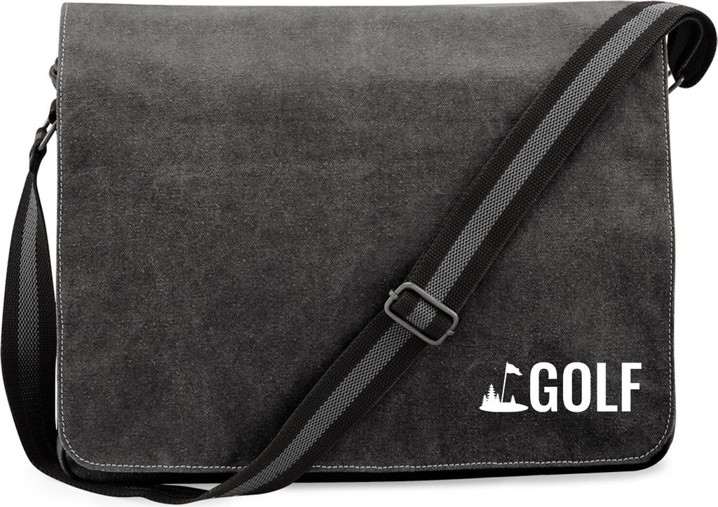 Huuraa Umhängetasche Golf Schriftzug 14 Liter Black Canvas Laptoptasche Geschenkidee