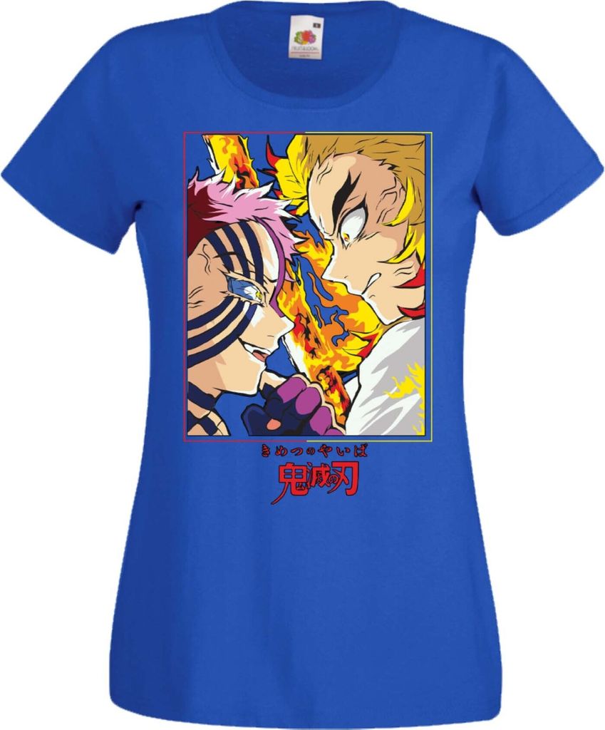 Damen T-Shirt Manga Anime Demon Anime Slayer Rengoku Vs Akaza Fight Slayer Demon, Lady XS / Blau