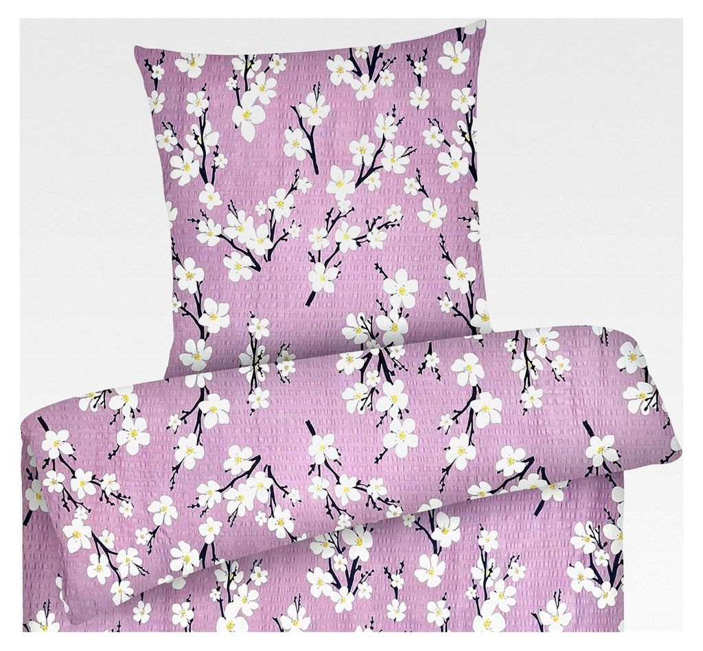 Seersucker Bettwäsche 135x200 aus Baumwolle | Sommer Bettwäsche mit Blumenmuster | Kühlende, bügelfreie Bettwäsche-Sets | Rosa Baumwollbettwä...