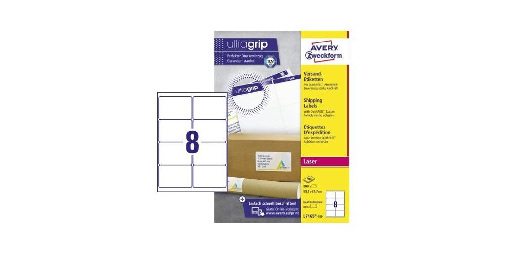 Avery Zweckform L7165-100 Versand-Etiketten, 99,1 x 67,7 mm, Geeignet für Deutsche Post INTERNETMARKE, 100 Blatt/800 Etiketten, weiß