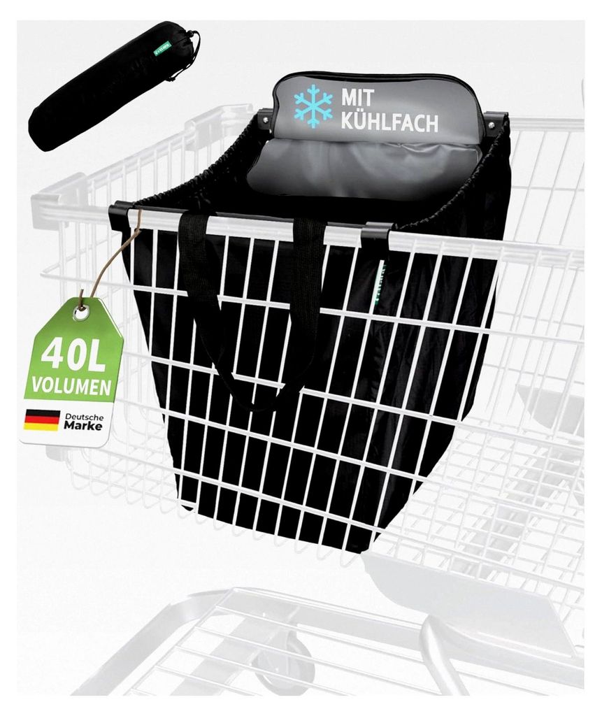 Einkaufstasche für Einkaufswagen mit Kühlfach | Faltbare Tasche zum Einhängen mit Kühlfunktion und Einkaufschip | Geeignet für Einkaufswagen u...