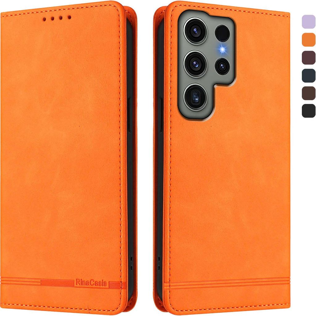 Hülle für Samsung Galaxy S23 Ultra, Retro Kunstleder Ständer Klapphülle mit Kartenfächer und Magnetische Orange