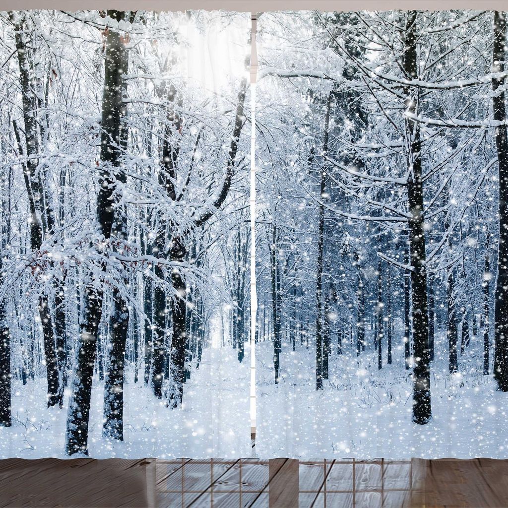 ARANDE Winter Gardine, Schnee bedeckte Wald idyllische frühe Morgen-Landschaft saisonal Weihnachtsnatur, 280 x 260 cm, Schwarz Weiß Blau