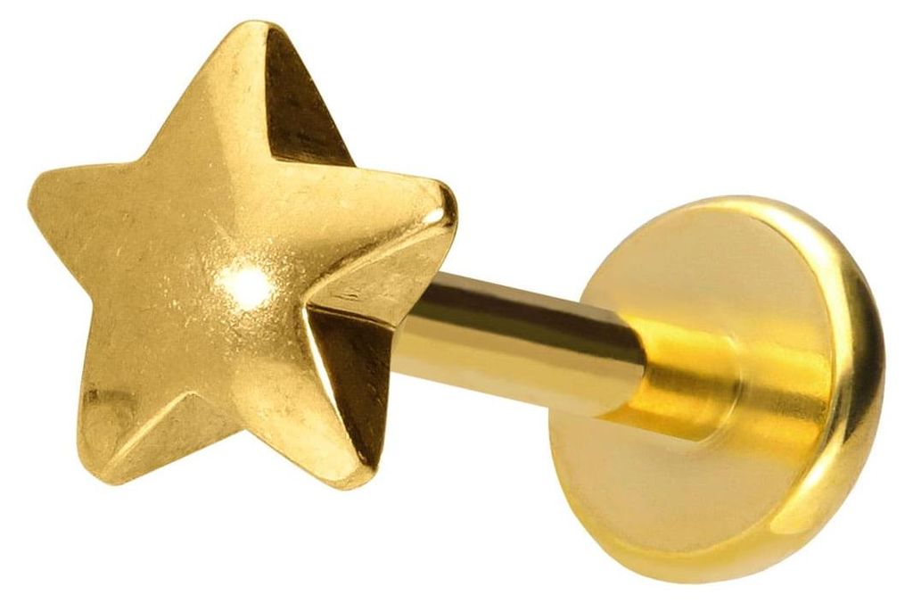 Ohrpiercing, Nasenpiercing Titan Labret mit Push Fit STERN Gold Stablänge: 9mm | Stabstärke: 1mm